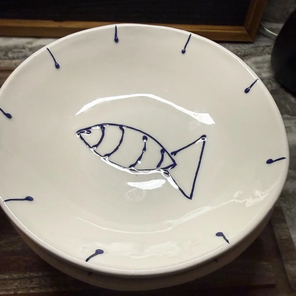 Italian-made ceramic bowls hand-painted blue fish motif Round Dishwasher Safe